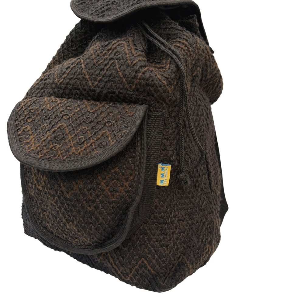 MMM Artesanias Woven Backpack Black Brown Boho Crochet Drawstring Rucksack Bag - Picture 2 of 9